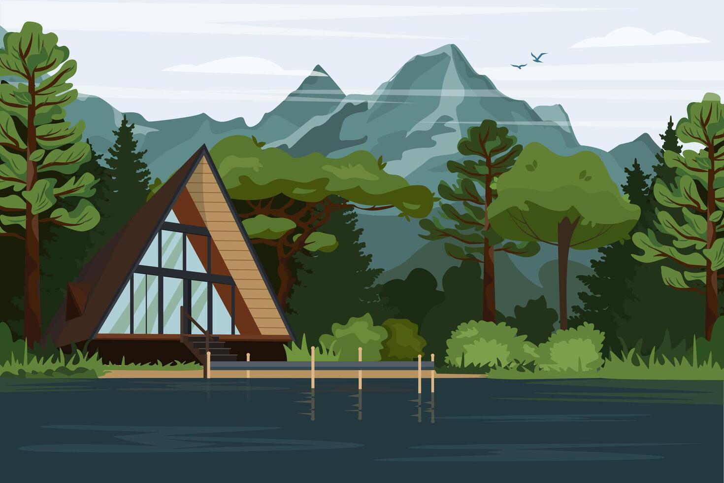 Modern house in the woods with mountain views. Traditional Swiss chalet in the Highlands of the National Park. Lonely house in a forest landscape in flat design for a banner, brochures, advertising vector