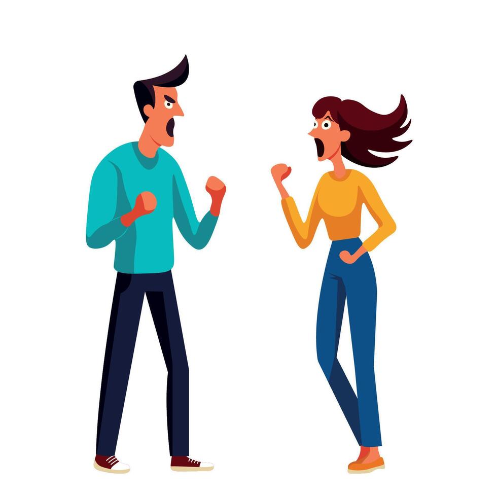 Angry cartoon guy and girl with fists ready shouting at each other, isolate on white, simple flat style, minimalism, quarrel vector