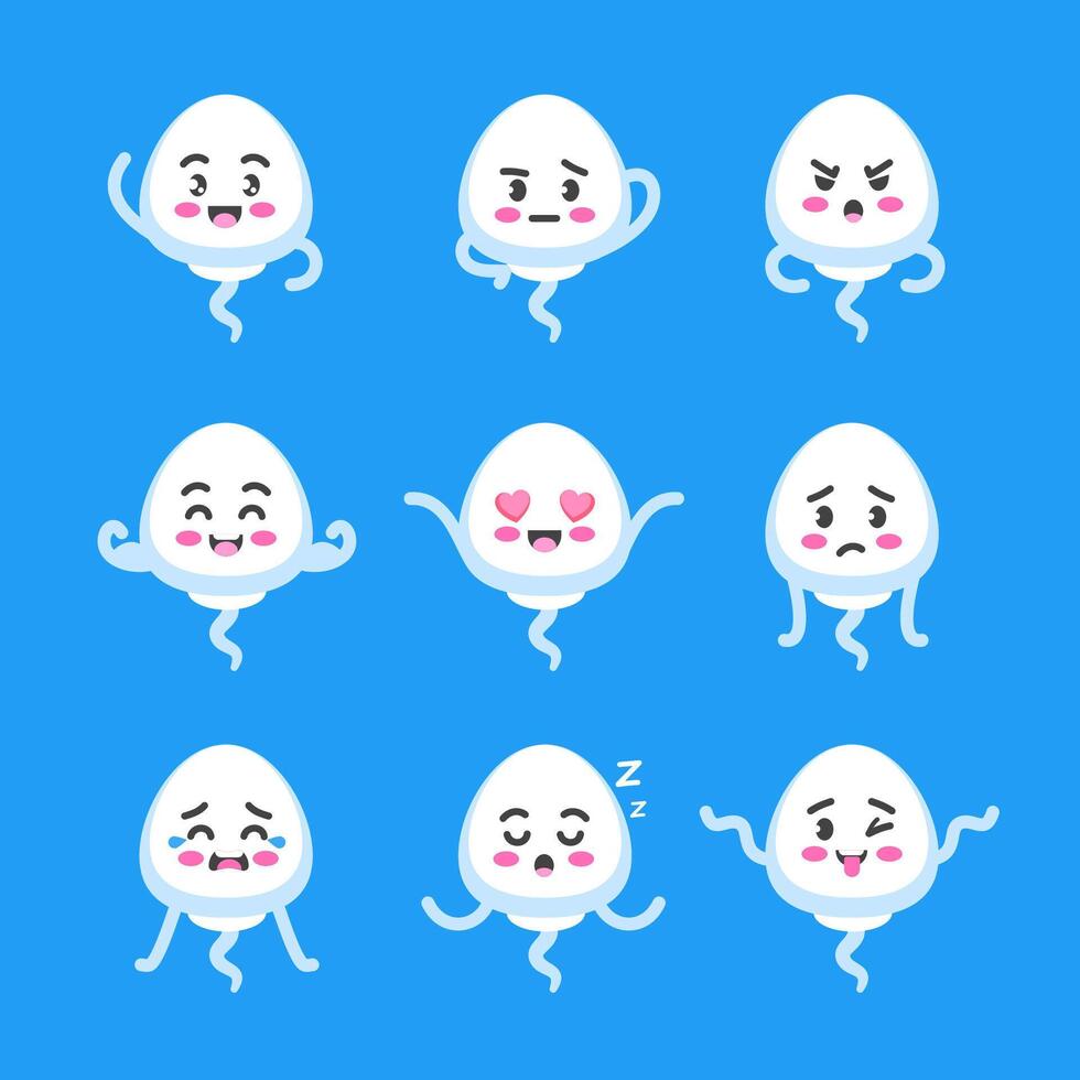 Sperm character poses and emotions set, mascot of medicine, biology, reproduction and family planning in cartoon kawaii style vector