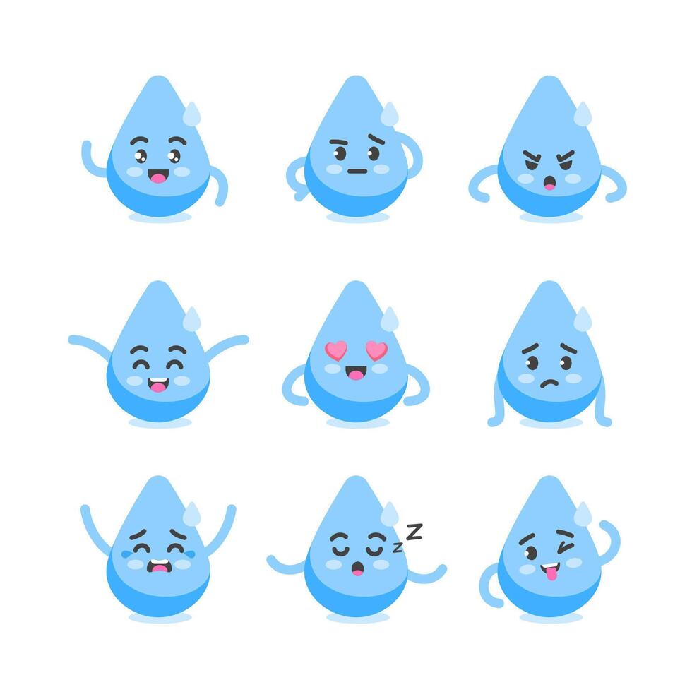 Blue drop character poses and emotions set, water, ecology and health mascot in cartoon kawaii style vector