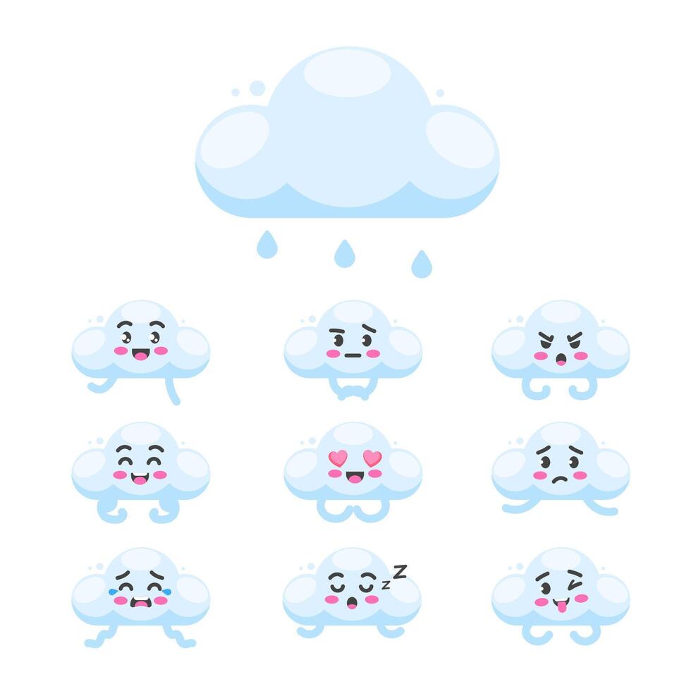 Cloud character poses and emotions set, weather, ecology and cloud technology mascot in cartoon kawaii style vector
