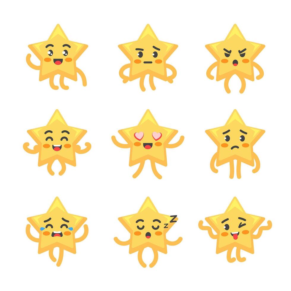 Star character poses and emotions set, mascot of success, awards and space in cartoon kawaii style vector