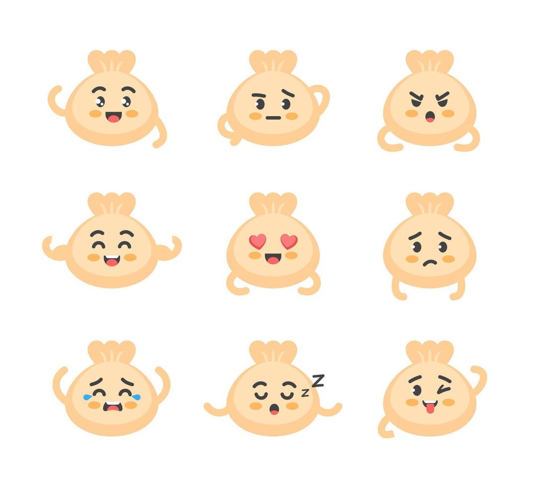 Dim sum character poses and emotions set, mascot of oriental food, delivery and asian fast food in cartoon kawaii style vector