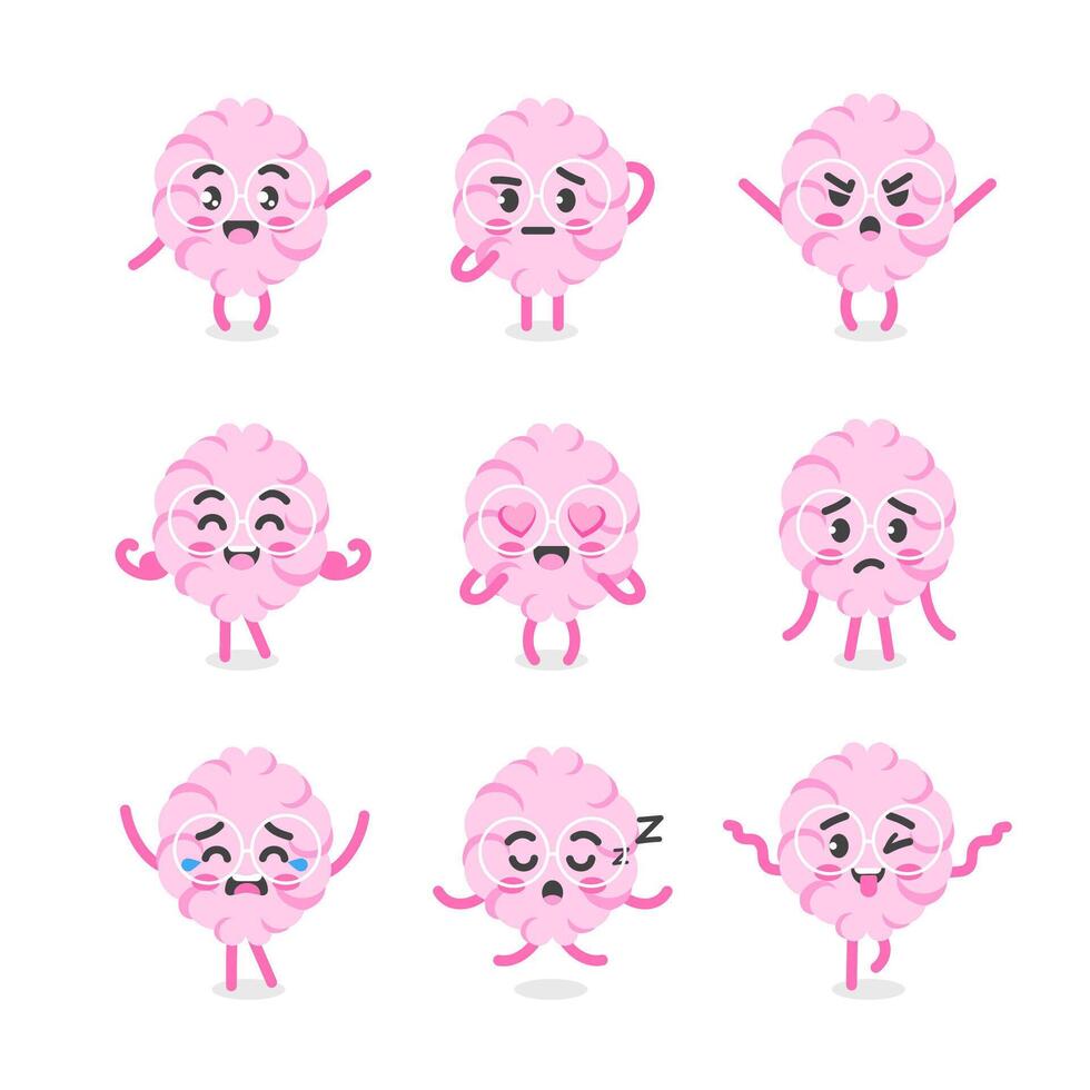 Brain character set poses and emotions, mascot of psychology, learning and neurotechnology in cartoon kawaii style vector