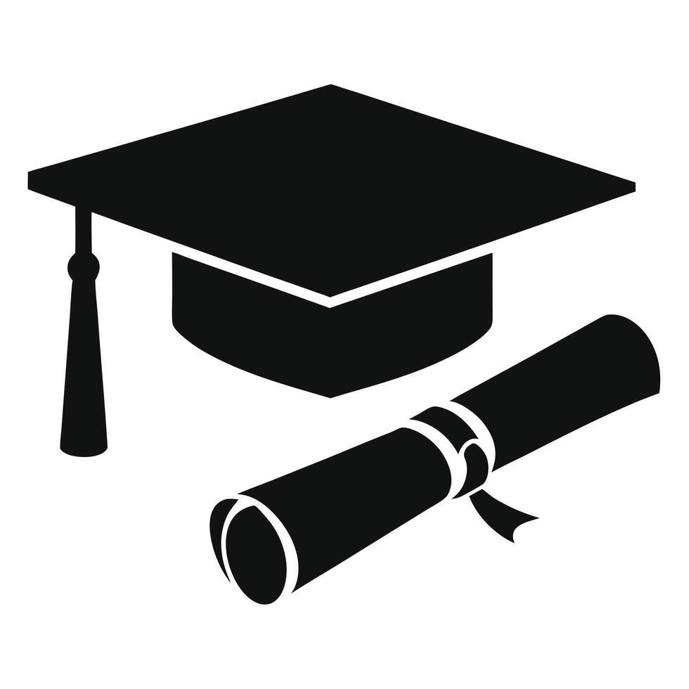 Graduation cap and diploma scroll black and white illustration vector
