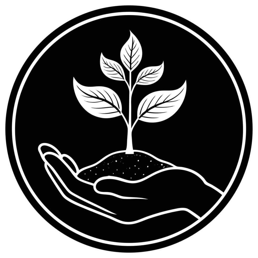 Hand holding sprout in soil icon black and white illustration vector