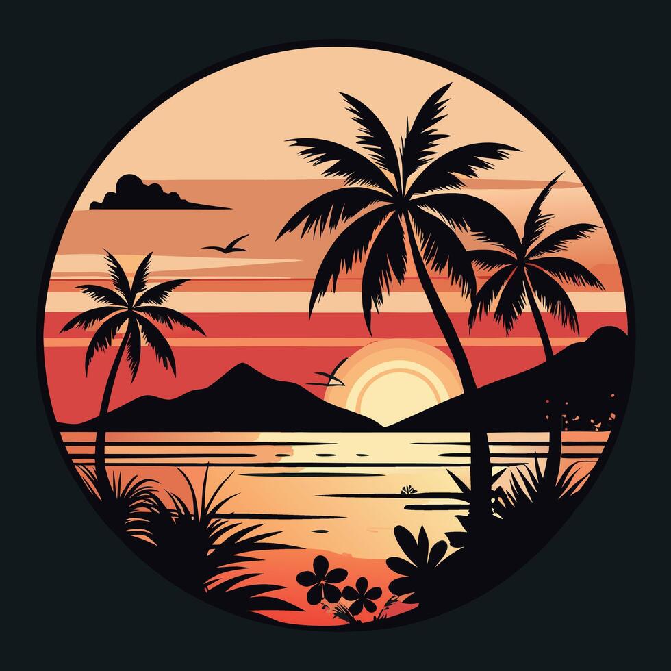Tropical sunset silhouette with palm trees and ocean view vector