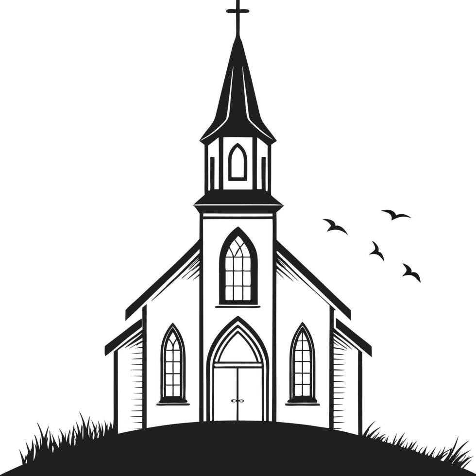Black and white illustration of a church with flying birds silhouette vector