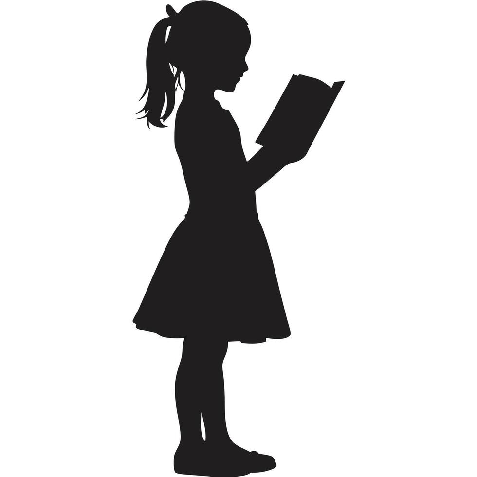 Silhouette of little girl reading a book in a dress vector