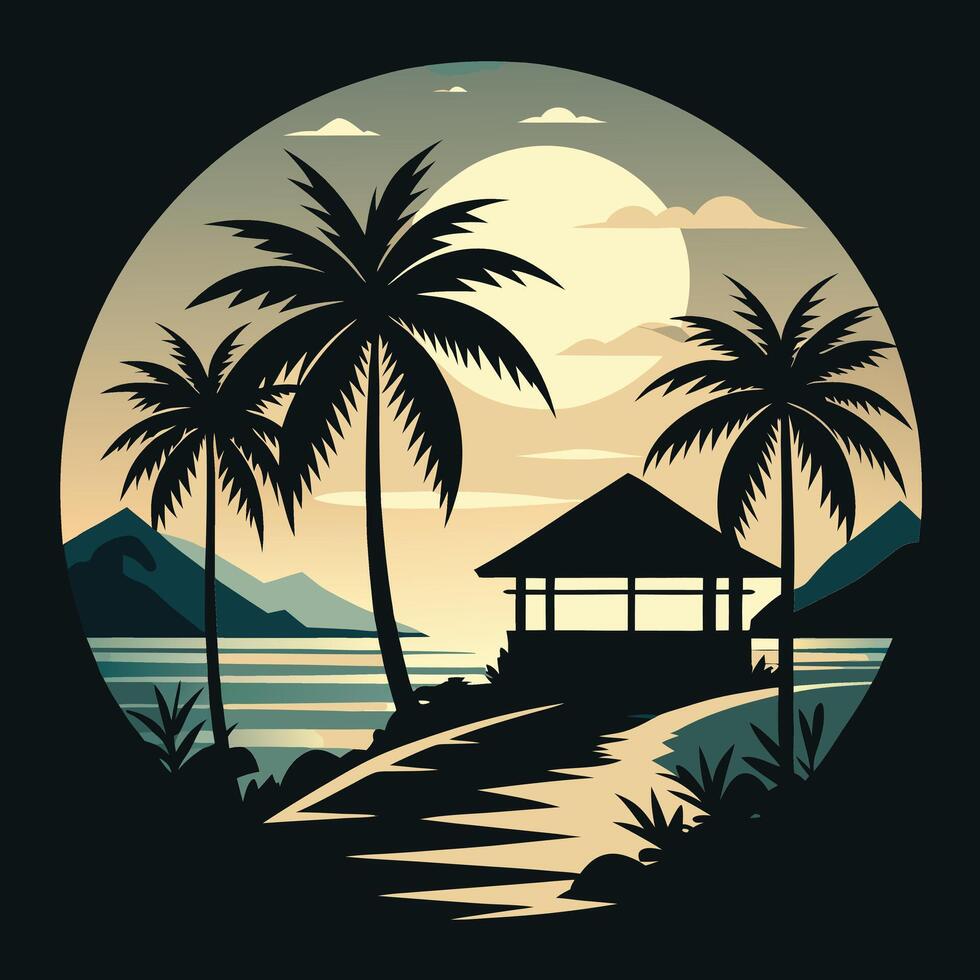 Tropical beach scene with palm trees and pavilion vector