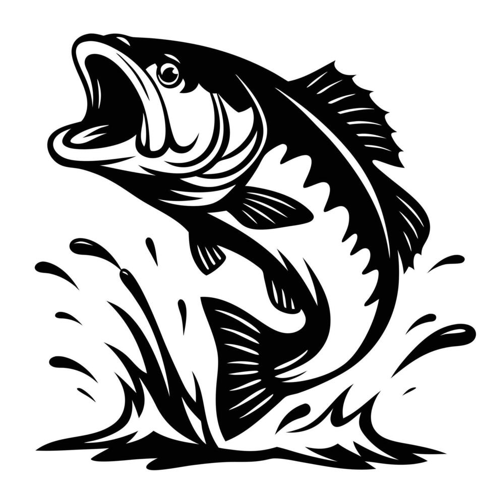 Black and white illustration of a jumping largemouth bass fish vector