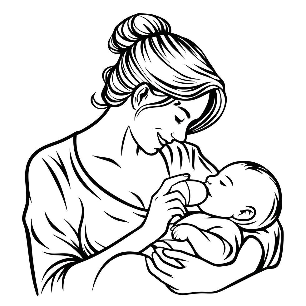 Mother lovingly feeding baby with bottle linear illustration art vector
