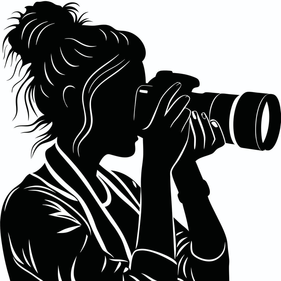 Silhouette of a woman holding a camera taking a photograph vector