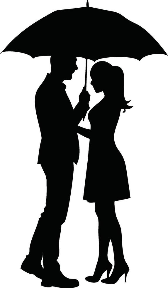 Silhouette of elegant couple sharing an umbrella during romantic rainfall moment vector