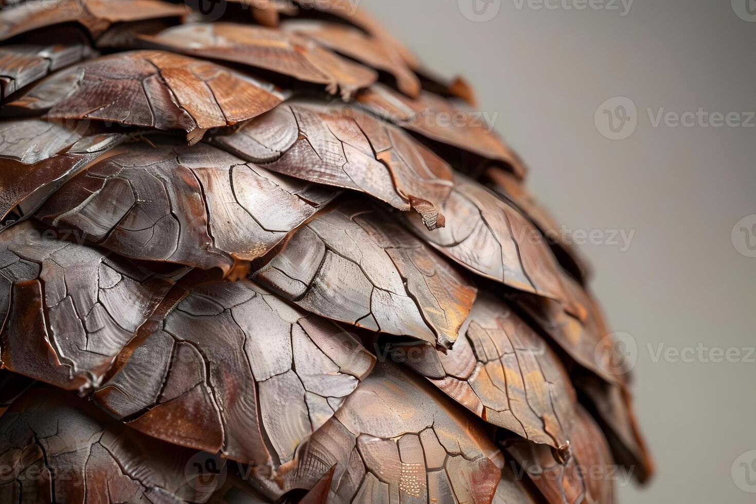 Close-Up Detailed View of Cracked Pine Cone Scales Texture, Pattern, and Natural Art. Detailed Examination of a Brown, Weathered Pine Cone Reveals Intricate Details of Nature's Design. photo