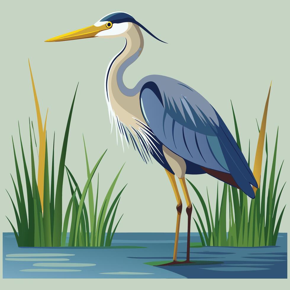 heron standing in the water with grass and reeds vector