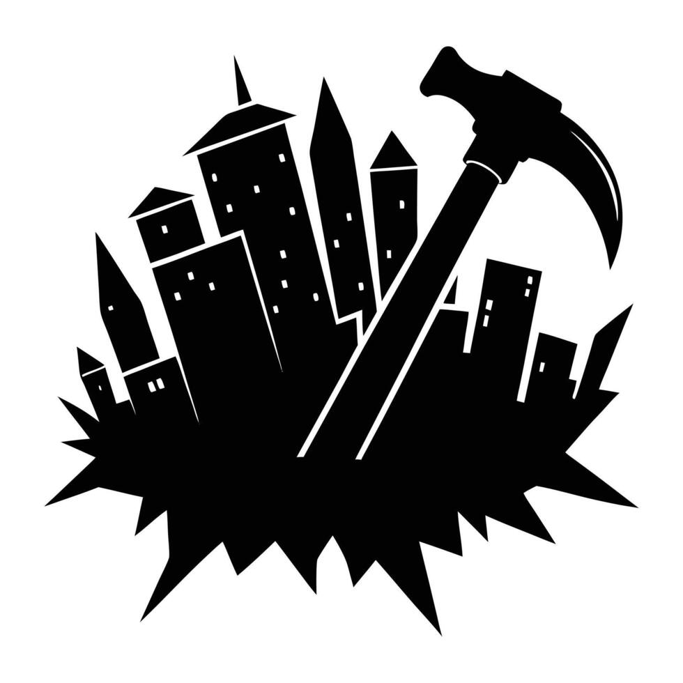 a hammer and city skyline silhouette vector