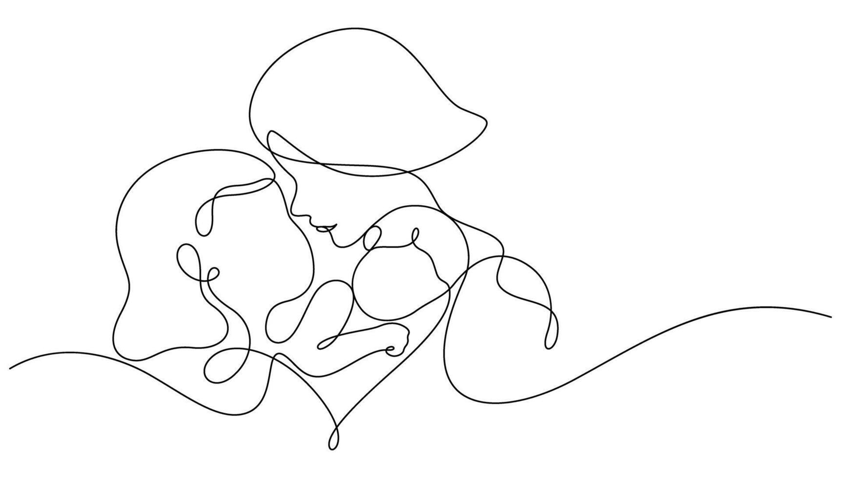 mother daughter and baby embracing togetherness one line vector