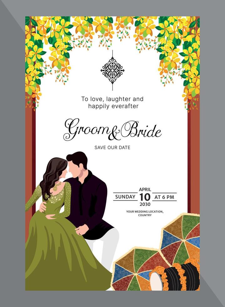 indian traditional marriage card design including bride and groom illustration with dholak and umbrellas vector