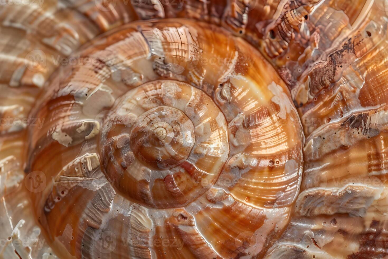 Seashell Spiral Close-Up View of a Brown Spiral Seashell's Intricate Texture and Pattern, Revealing Nature's Geometric Beauty Up Close. Detailed Macro Photography of Ocean Life. photo
