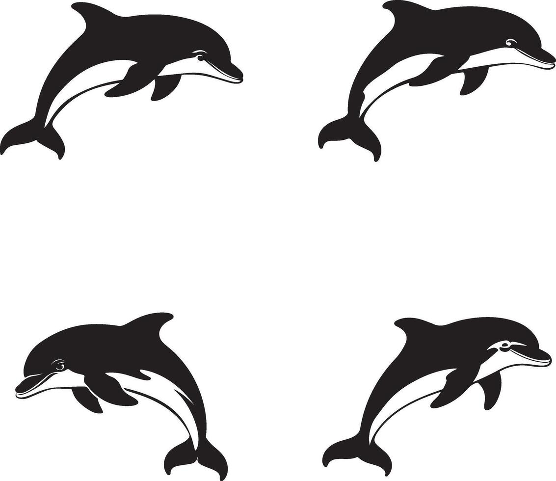 Set Of Four Monochrome Dolphin Illustrations In A Minimalist Style vector