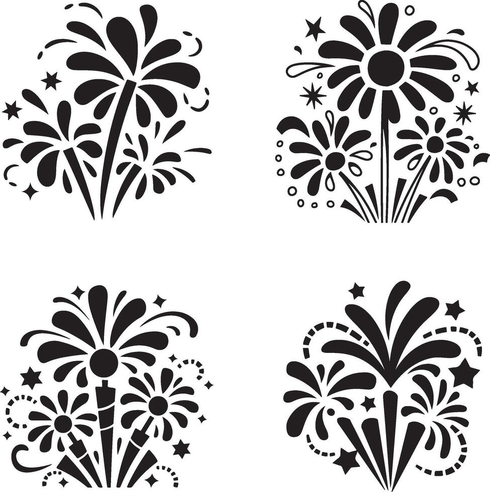Decorative Fireworks Collection With Flowers And Stars Black And White Illustration vector