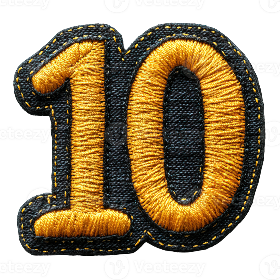 Embroidered patch number 10, isolated on transparent background, png