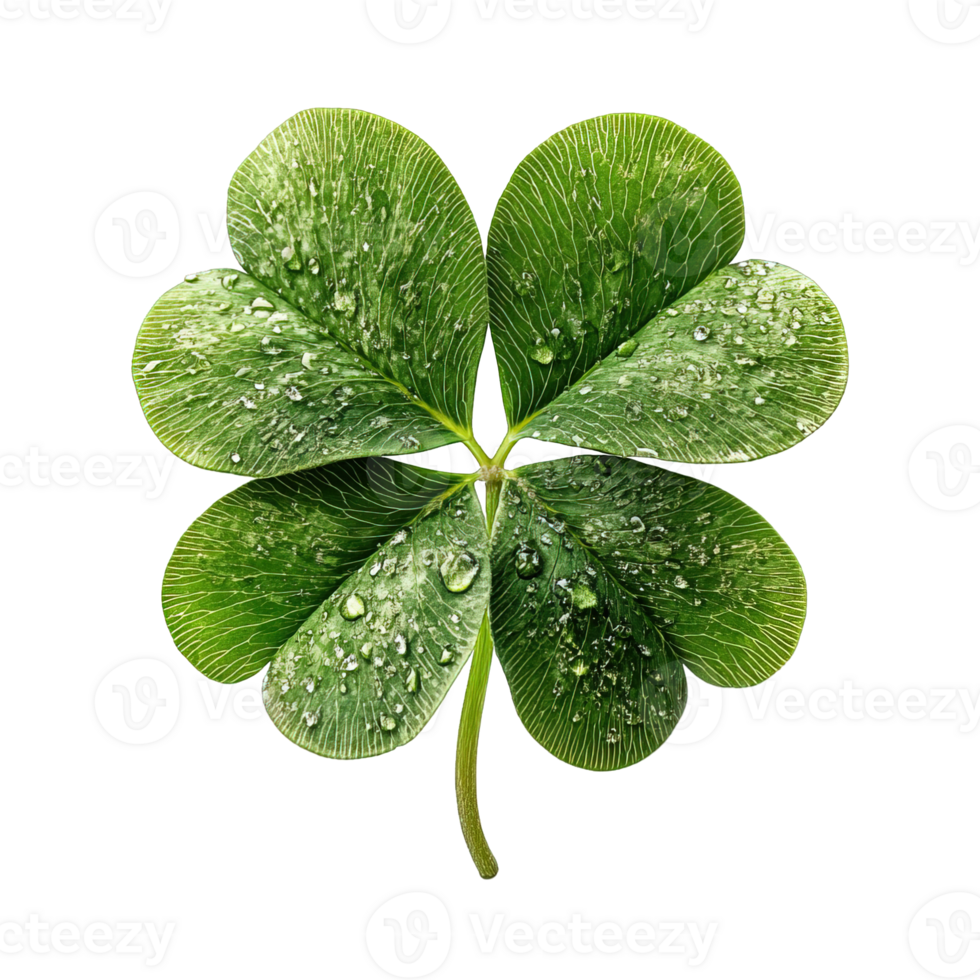 Four leaf clover with water drops isolated on transparent background, png