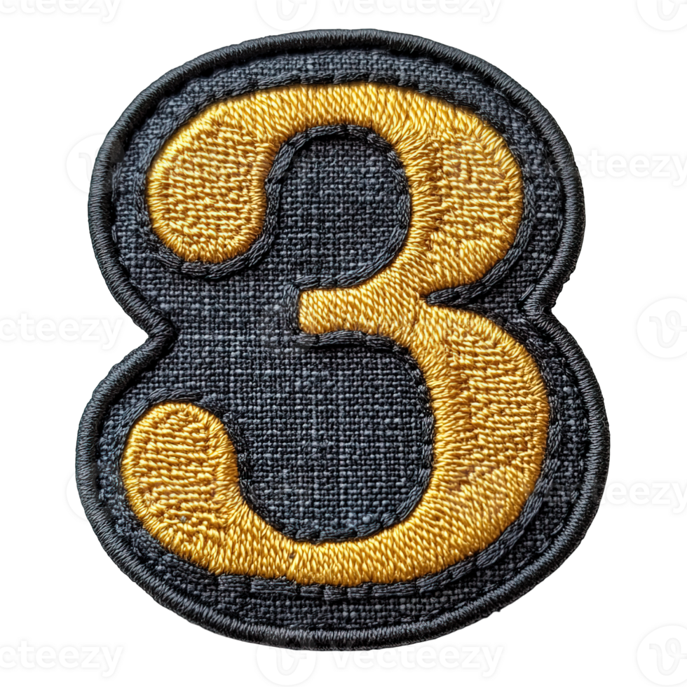 Embroidered patch number 3, isolated on transparent background png