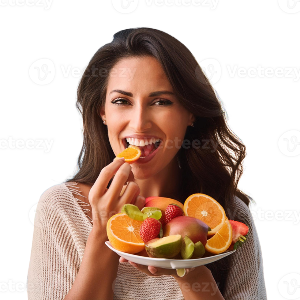 beautiful healthy woman eating fruit, png