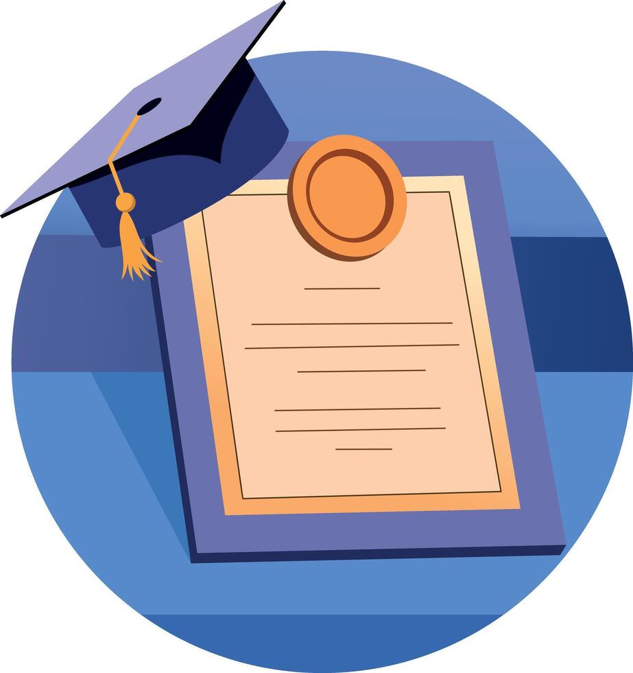 A flat style illustration of a graduation hat with certificate vector