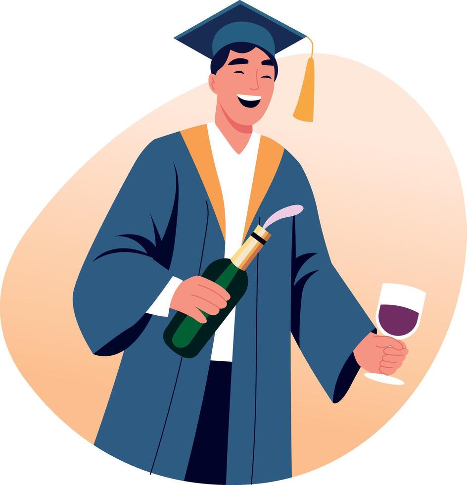 A graduate student doing champagne pop, flat illustration vector