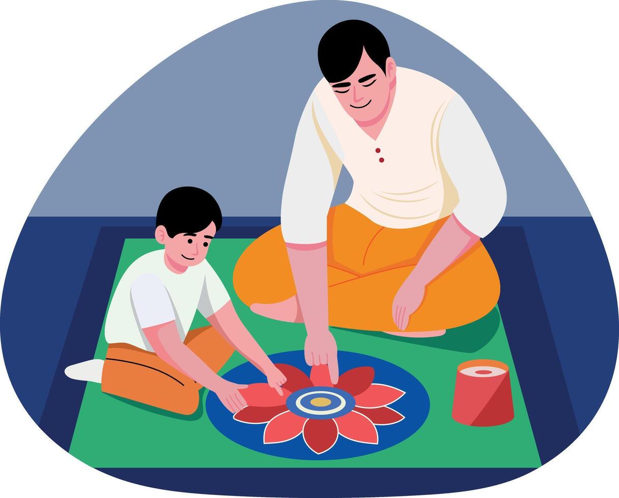 A father making rangoli art with his son, flat illustration vector