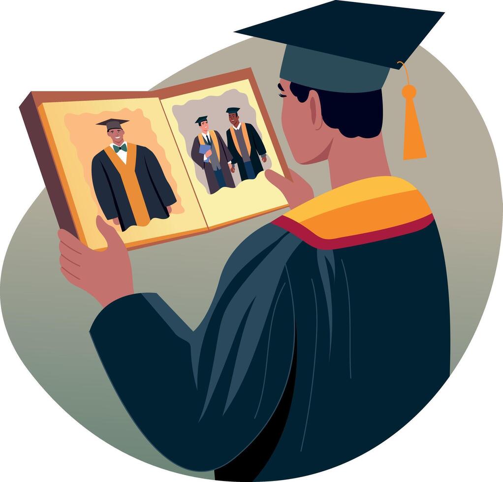 A character seeing his graduation memory, flat illustration vector