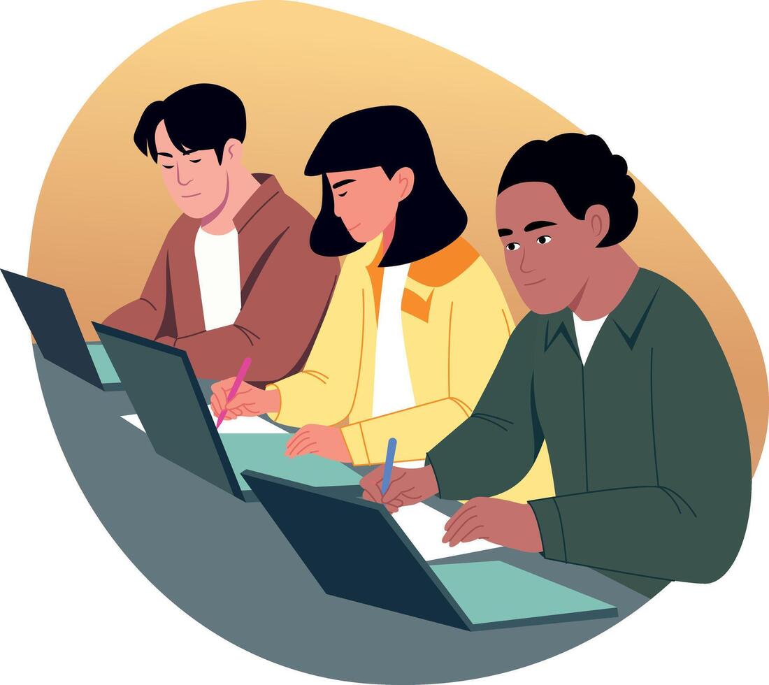 Flat style illustration showing students doing group study vector