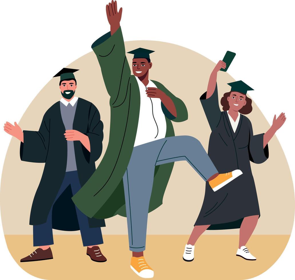 A group of friends doing graduation dance, flat style illustration vector