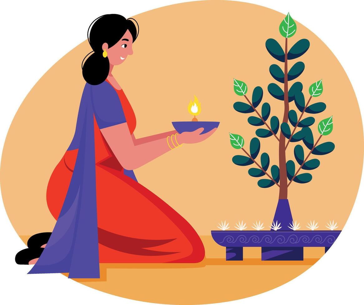 Flat style illustration showing a woman doing plant worship vector