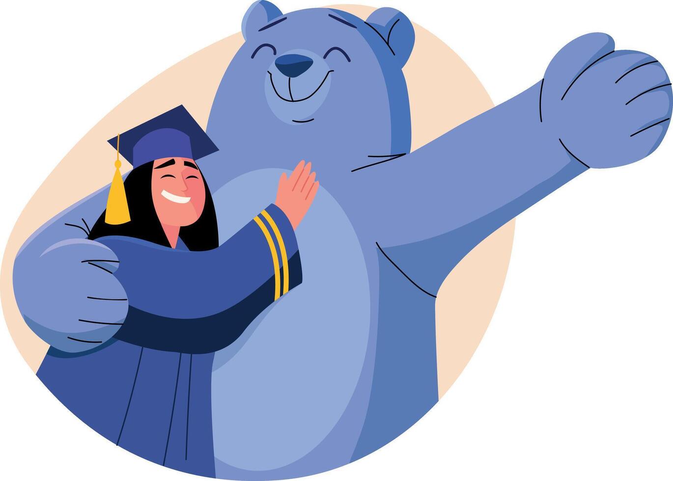 A bear mascot hug a graduated student, flat style illustration vector