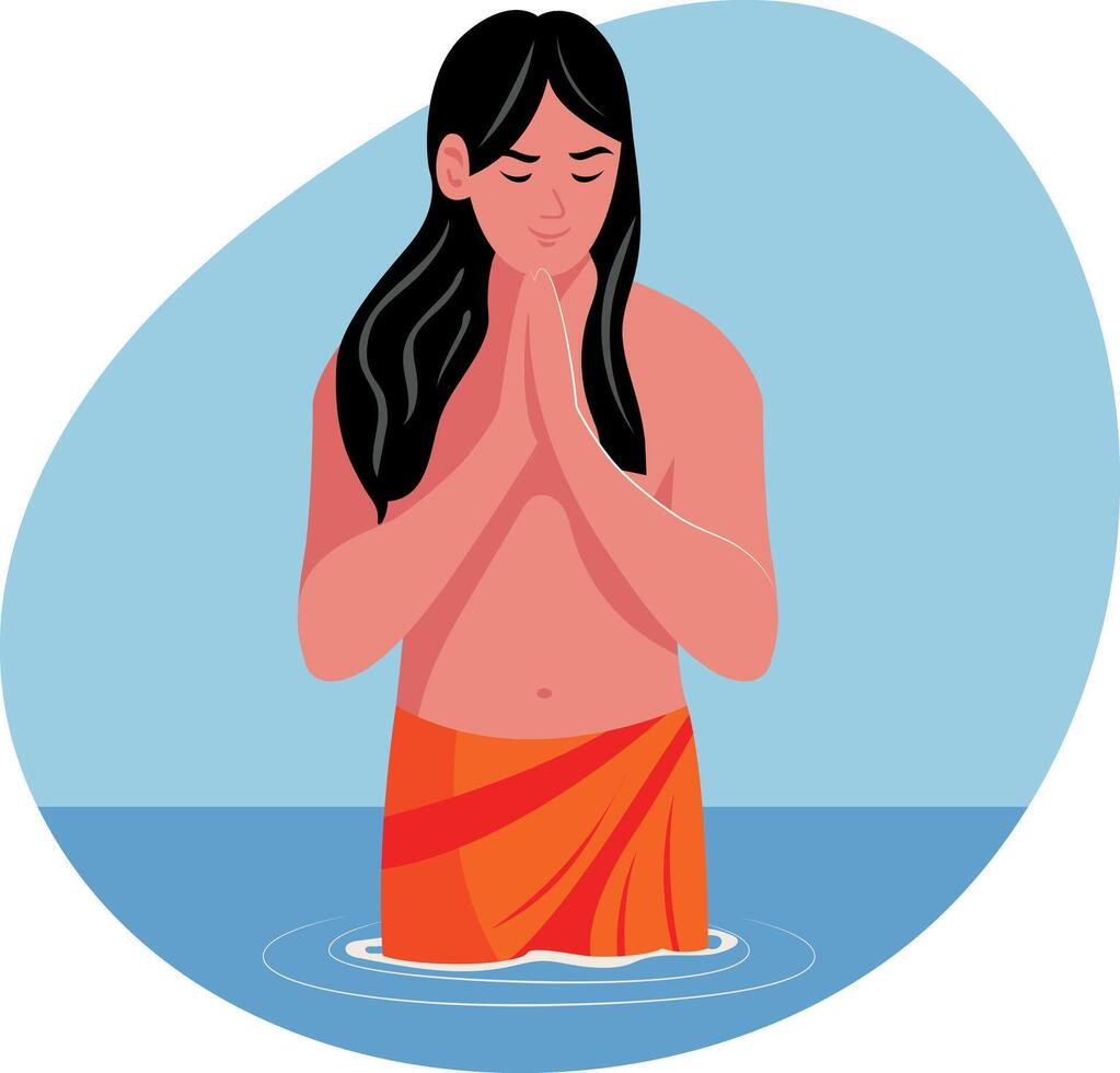 A character taking holy bath in river, flat illustration vector