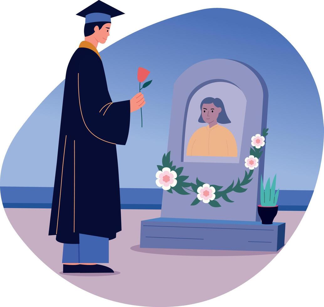 A graduate character visits his mothers memorial, flat illustration vector