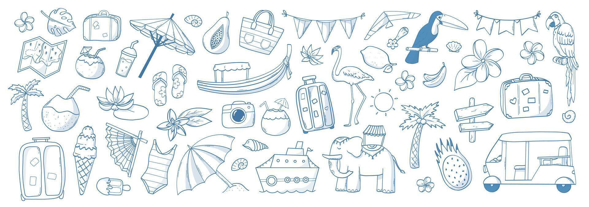 Summer monochrome doodles collection for coloring pages, prints, social media, stickers, planners, wallpaper, cards, etc. EPS 10 vector