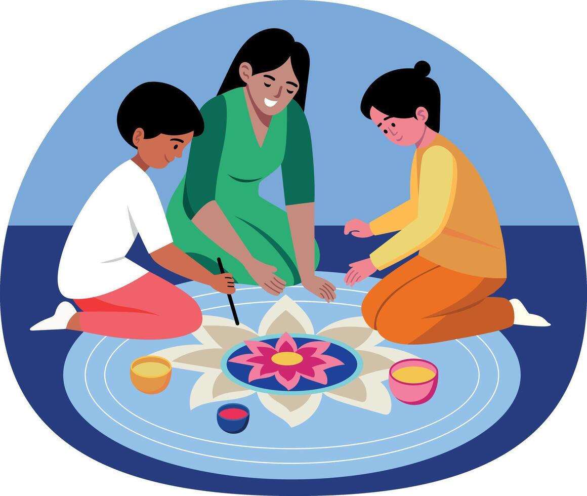 Flat style illustration showing some characters making rangoli vector