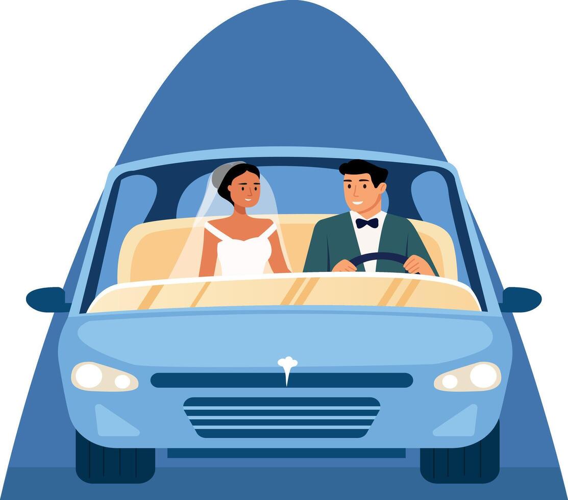 A flat style illustration of a newly married couple sitting in a car vector