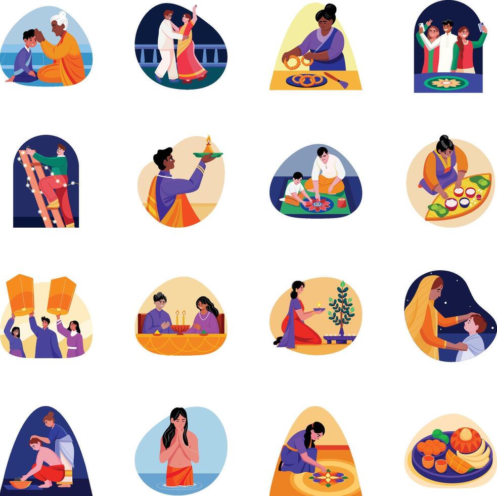 Collection of Flat Style Diwali Art Illustrations vector