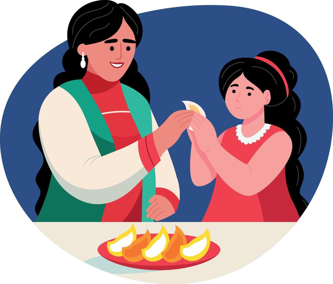 A daughter helping mother in cooking, flat illustration vector