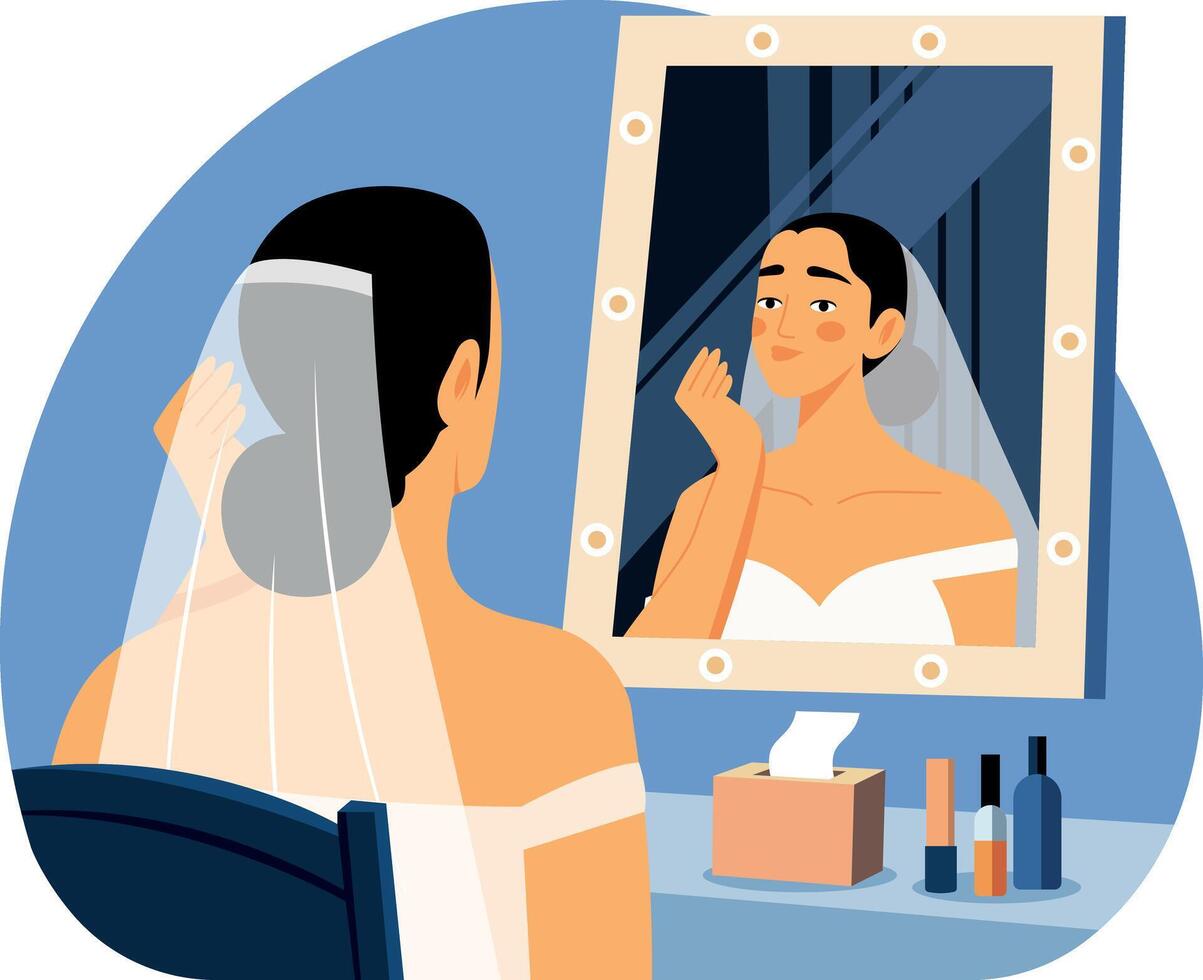 A bride applying makeup on her face, flat illustration vector