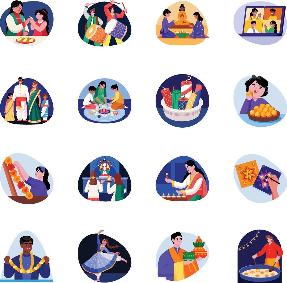 Collection of Diwali Tradition Flat Style Illustrations vector