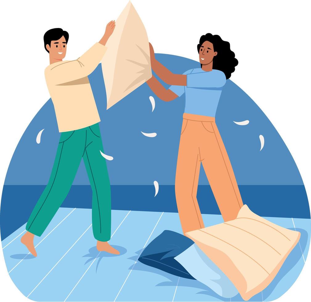 A couple doing a pillow fight, flat illustration vector