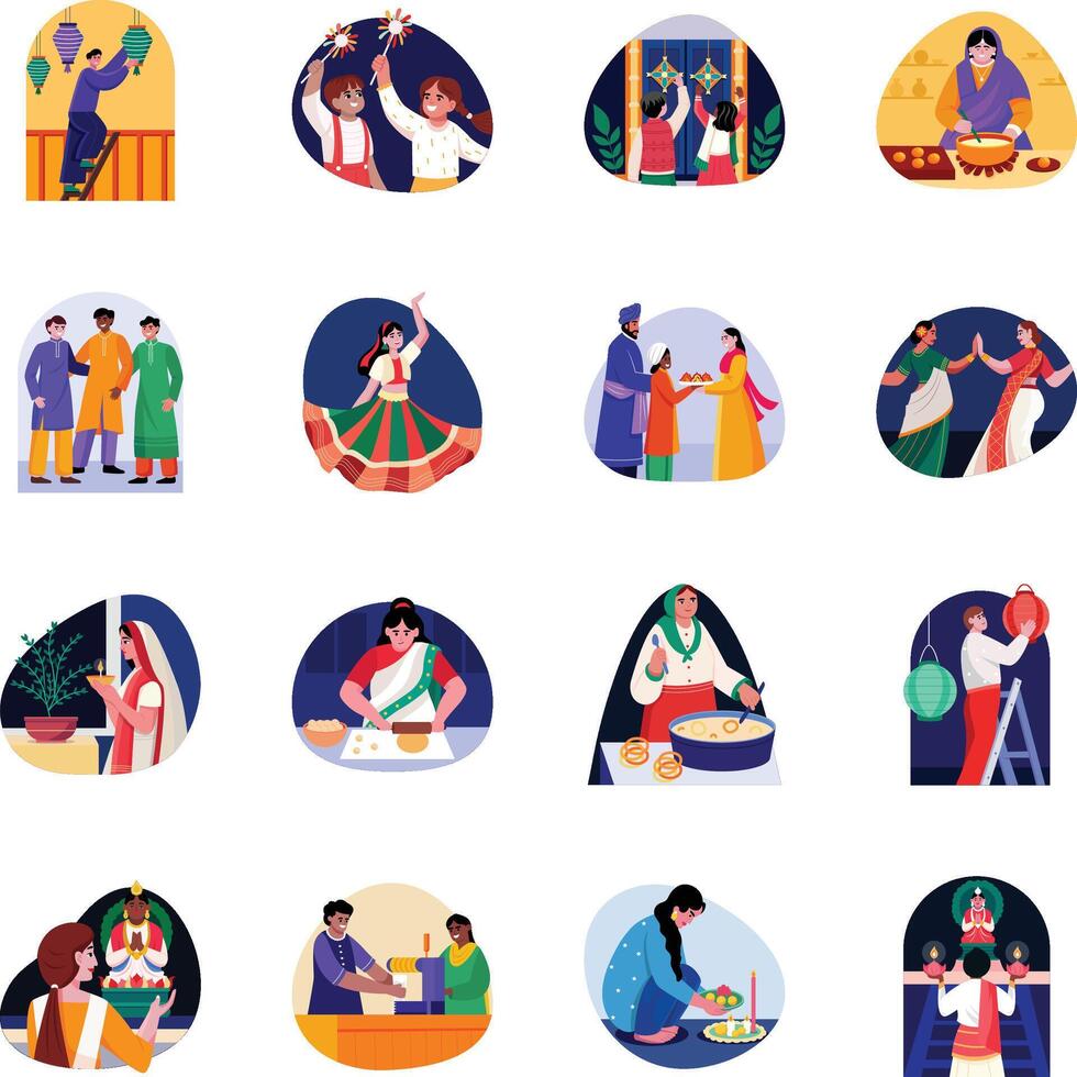 Set of Flat Style Diwali Festival Illustrations vector