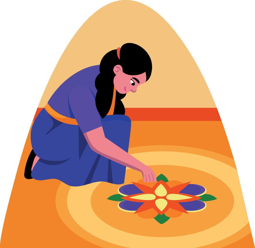 Flat illustration showing a woman making rangoli art vector